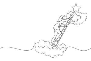durchgehende einzeilige zeichnung einer arabischen geschäftsfrau, die auf die leiter klettert, um nach sternen zu greifen. Geschäftsfrau, die zum Ziel klettert. Motivation, Erfolg zu haben, Gewinner zu sein, fertig zu werden, zu gewinnen. einzeilige Design-Vektorgrafik vektor