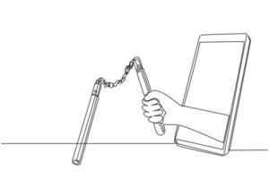 einzelne einzeilige zeichnungshand, die nunchaku durch mobiltelefon hält. konzept von videospielen, e-sport, unterhaltungsanwendung für smartphones. moderne durchgehende Linie zeichnen Design-Vektor-Illustration vektor