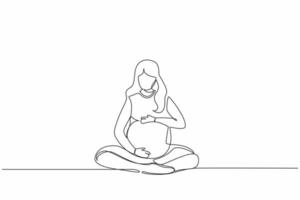 kontinuierliche eine Linie, die eine glückliche junge schwangere Frau zeichnet, die mit gekreuzten Beinen zu Hause sitzt und auf ihren Bauch schaut. zukünftige mutter erwartet baby, das ihren bauch streichelt. einzeiliges zeichnen design vektorgrafik vektor