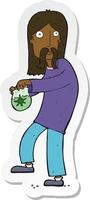 klistermärke av en tecknad hippieman med påse med gräs vektor
