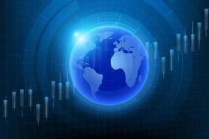 Hi-Tech-Hologramm des Planeten Erde mit leuchtendem Vektordiagramm von Investitionsfinanzdaten. Grafik Aktienmarkt mit steigenden Kerzenhaltern. Infografik-Elemente und realistische Weltkarte vektor