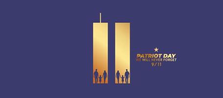 9 11 minnesdag 11 september.patriotdagen nyc world trade center. vi kommer aldrig att glömma. gyllene wtc koncept. guld World Trade Center med lycklig familj som går vektor