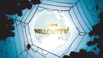 dunkler halloween-hintergrund mit mond auf blauem himmel, spinnen und fledermäusen, illustration. flyer oder einladungsvorlage für banner, party, einladung. vektorillustration mit platz für ihren textkopienraum vektor