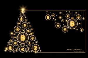 jul och nyår koncept. gyllene julgran och kula hängande av glänsande kryptovaluta mynt på svart bakgrund. vektor