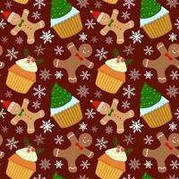 Cartoon-Weihnachts-Cupcakes mit Sahne, Lebkuchenmann-Plätzchen, Schneeflocken. Vektor nahtlose Muster auf rotem Hintergrund. für Textilien, Geschenkpapier, Verpackungen, Tapeten.