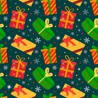 weihnachtsgeschenkboxen und weiße schneeflocken. Vektor Musterdesign auf Indigo-Hintergrund. für Textilien, Packpapier, Verpackungen, Kulissen, Tapeten.