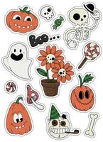 Aufkleberpaket mit niedlichen Halloween-Figuren. lustige zeichnungen zum thema halloween, aufkleber. Figuren für Kinder