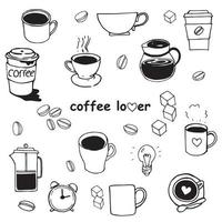 doodle stil vektorillustration. set med enkla teckningar av kaffe. muggar, kaffekorn, söta teckningar med hjärtan. kaffekanna och koppar med kaffe, plast och pappersglas. vektor