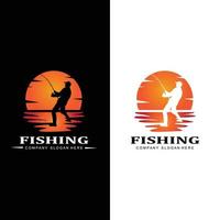 Angeln Logo Icon Vektor, Fische auf dem Boot fangen, Sonnenuntergang Silhouette Design im Freien vektor