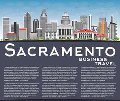 Sacramentos skyline med grå byggnader, blå himmel och kopieringsutrymme. vektor