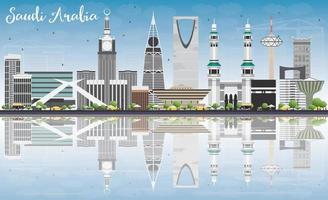 Saudiarabiens silhuett med landmärken, blå himmel och reflektioner. vektor