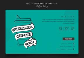 banner mall i grön bakgrund med kaffekopp för internationella kaffedagen kampanjdesign vektor