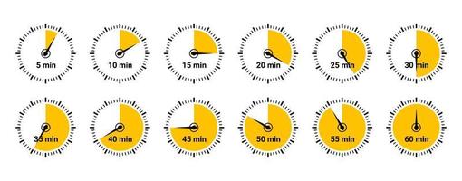 Timer-Icon-Sammlung. Set von Timer-Stoppuhr-Symbolen. Countdown von 0 bis 60 Sekunden.