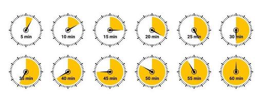 timer ikon samling. uppsättning timer stoppur ikoner. nedräkning från 0 till 60 sekunder. vektor