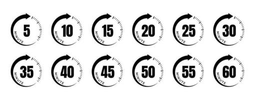 Timer-Icon-Sammlung. Set von Timer-Stoppuhr-Symbolen. Countdown von 0 bis 60 Sekunden.