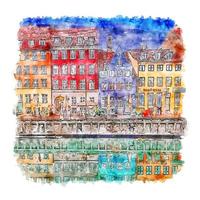 nyhavn kobenhavn danmark akvarell skiss handritad illustration vektor