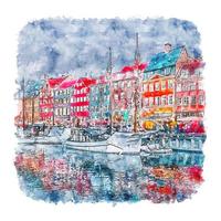nyhavn kobenhavn danmark akvarell skiss handritad illustration vektor