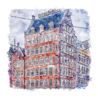 arkitektur amsterdam nederländerna akvarell skiss handritad illustration vektor