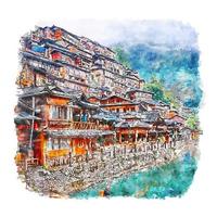 guizhou Kina akvarell skiss handritad illustration vektor