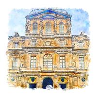 musée du louvre paris frankreich aquarellskizze handgezeichnete illustration vektor