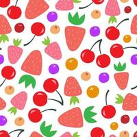 Vektor Musterdesign aus Beeren. saftige erdbeeren, kirschen, preiselbeeren, blaubeeren im kartonstil. köstlicher Druck für Oberflächendesign, digitales Papier, Verpackung, Stoff. nützliches Produkt