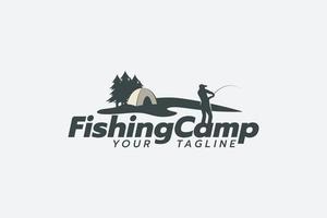 fiskelägers logotyp med en kombination av utsikt över sjön eller floden, tält och sportfiskare. vektor