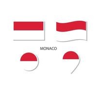 monaco flagga logotyp ikonuppsättning, rektangel platta ikoner, cirkulär form, markör med flaggor. vektor