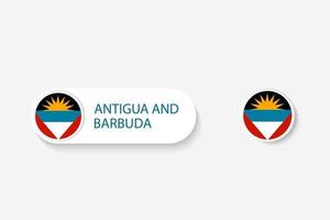 antigua och barbuda knappflagga i illustration av oval formad med ordet antigua och barbuda. vektor