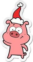 glücklicher aufkleberkarikatur eines schweins, das weihnachtsmütze trägt vektor
