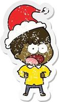 Distressed Sticker Cartoon eines schockierten Mannes mit Weihnachtsmütze vektor