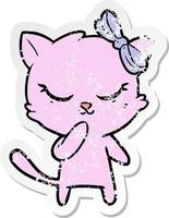 bedrövad klistermärke av en söt tecknad katt med rosett vektor