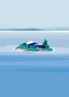 Meereslandschaft mit blauem Haus auf der Insel. Naturlandschaft im Hochformat. vektor