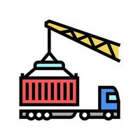 kran, der container auf lkw in der vektorillustration des hafenfarbsymbols lädt vektor