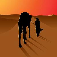 siluett arabisk man med kamel på vacker solnedgång i öknen vektorillustration vektor