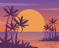 solnedgång havslandskap med palmer vektor