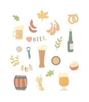 Bierset. handgezeichnete symbole für die oktoberfestbierfeier. illustrierte Vorspeisen, Bier, Garnelen, Brezel. vektor