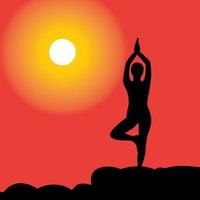 Silhouette von Frauen, die während der Sonnenuntergangsvektorillustration Yoga machen vektor