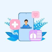 smartphone-bildschirm mit männlichem arzttherapeuten im chat über messenger und online-konsultation. flache vektorillustration. fragen sie den arzt. Medizinischer Online-Beratungsdienst, Gesundheitsberatung vektor