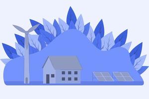 Häuser, Sonnenkollektoren und Windkraftanlagen. öko-haus, energiesparhaus, grünes energiekonzept-banner-design. flache Vektorillustration. vektor