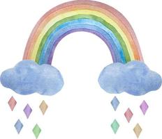 aquarell heller bunter regenbogen mit wolken und tropfen lokalisiert auf weiß vektor