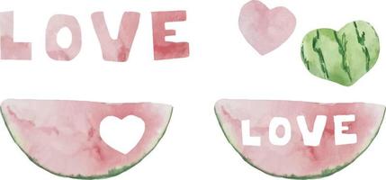 akvarellillustration av vattenmelon, en halv vattenmelon, en bit vattenmelon, en skiva vattenmelon. vattenmelon kärlek och hjärtan vektor