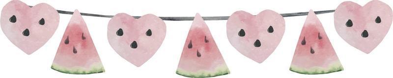 akvarell vattenmelon buntings med rosa hjärtan och vattenmelon fred. sommarflaggor på ett snöre. krans av vattenmelon vektor