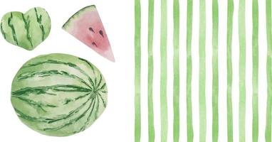 Aquarellhintergrund mit grünen Streifen und ganzer grüner runder Wassermelone. sommerschablonenhintergrund mit obst für postkarten und karten vektor