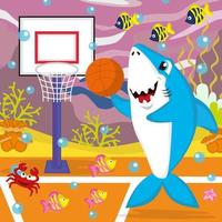 niedlicher Hai-Charakter, der Basketball spielt, geeignet für Kinderbücher, Poster, Websites, mobile Anwendungen, Spiele, T-Shirts, Druck und mehr vektor