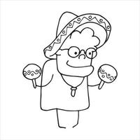 Vektorzeichnung im Stil von Doodle. nette ältere frau, großmutter im sombrero mit maracas. einfache strichzeichnung im cartoon-stil oma im urlaub, seniorenurlaub, mexikanische kultur vektor