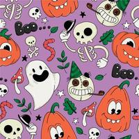 nahtloses Muster für Halloween. niedliche figuren, geister, kürbisse, skelette auf violettem hintergrund. Druck für Kinder