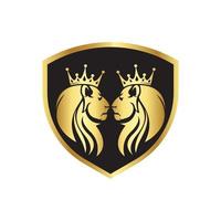 guld tvillinglejon kunglig logotyp med svarta sköldformer och krona kung vektor