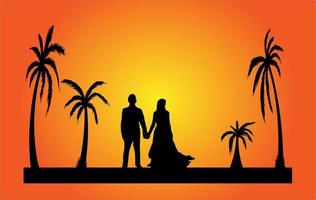 Illustrationen in der Silhouette romantisches Paar Palmen Sonnenuntergang vektor
