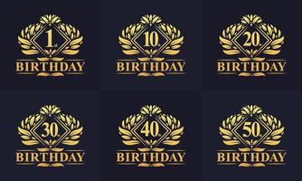 vintage retro födelsedag logotyp set. lyxigt paket med gyllene födelsedaglogotyp. Logotyppaket för 1:a, 10:e, 20:e, 30:e, 40:e, 50:e födelsedagen. vektor