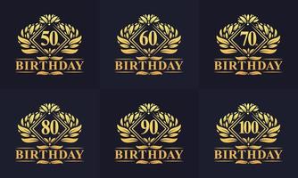 Vintage Retro-Geburtstags-Logo-Set. luxuriöses goldenes geburtstagslogopaket. 50., 60., 70., 80., 90., 100. alles Gute zum Geburtstag-Logo-Paket.